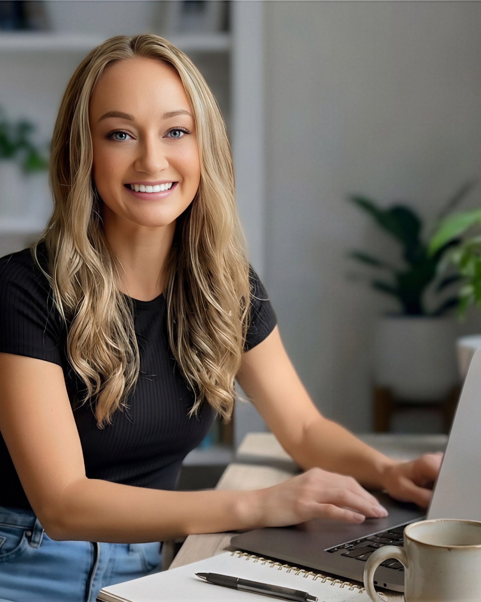 Ashlee Hilton working at her laptop in a bright home office.